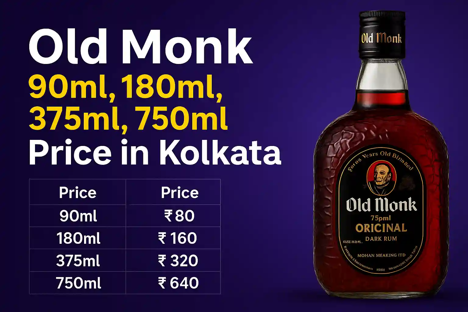 Old Monk 90ml, 180ml, 375ml, 750ml Price in Kolkata